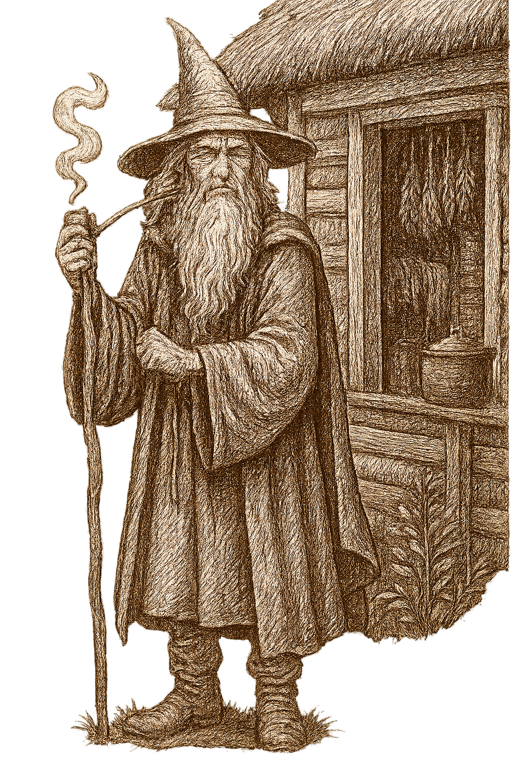 Gandalf in front of a smokehouse